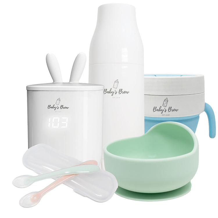 Baby's Brew feeding set with portable bottle warmer, bottle, bowl and utensils