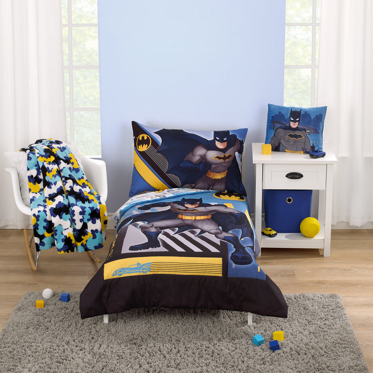 Warner Bros  Batman The Caped Crusader Navy, Gray, and Yellow Bat-Signal 4 Piece Toddler Bed Set - Comforter, Fitted Bottom Sheet, Flat Top Sheet and Reversible Pillowcase