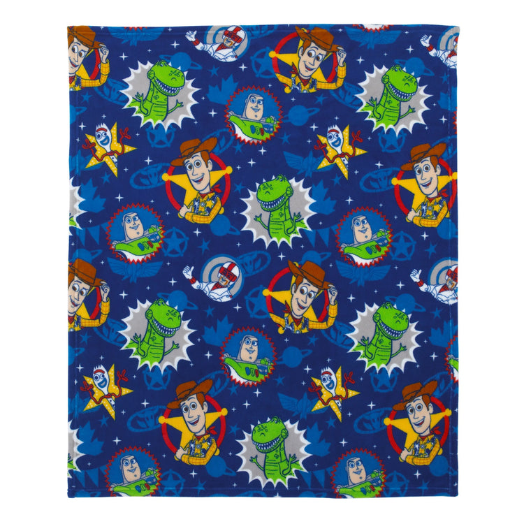 Disney Toy Story 4 - Blue, Green, Yellow and Red Super Soft Plush Toddler Blanket