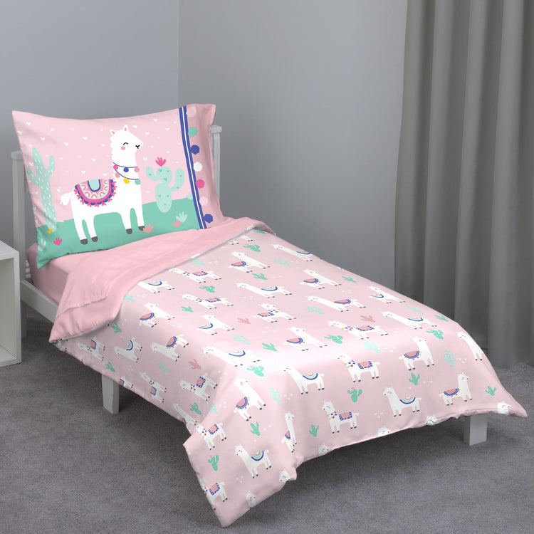 Everything Kids Pink and Mint Llama 4 Piece Toddler Bed Set - Comforter, Fitted Bottom Sheet, Flat Top Sheet, Reversible Pillowcase