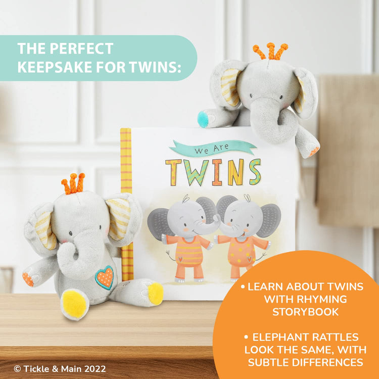 Baby Twins Gift Set - Keepsake Book & 2 Plush Elephant Rattles