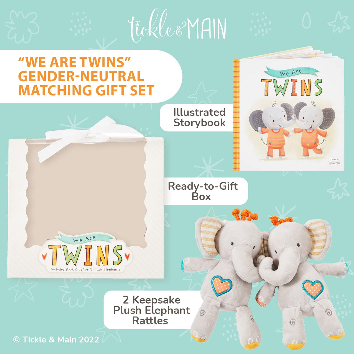 Baby Twins Gift Set - Keepsake Book & 2 Plush Elephant Rattles