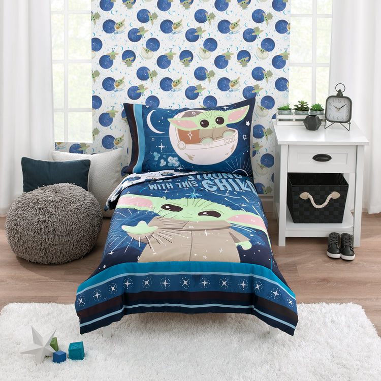 Star Wars The Child - Little Bounty Blue, Green and White Grogu "The Force is Strong with this Child" 4 Piece Toddler Bed Set - Comforter, Fitted Bottom Sheet, Flat Top Sheet and Reversible Pillowcase