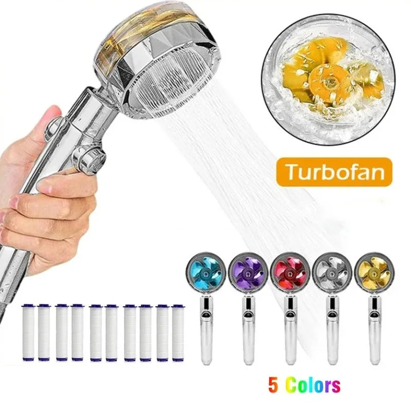 360 Degrees Rotation Handheld Turbo Fan Shower Head High Pressure Water Saving Spray Adjustable Filters Bathroom Accessories