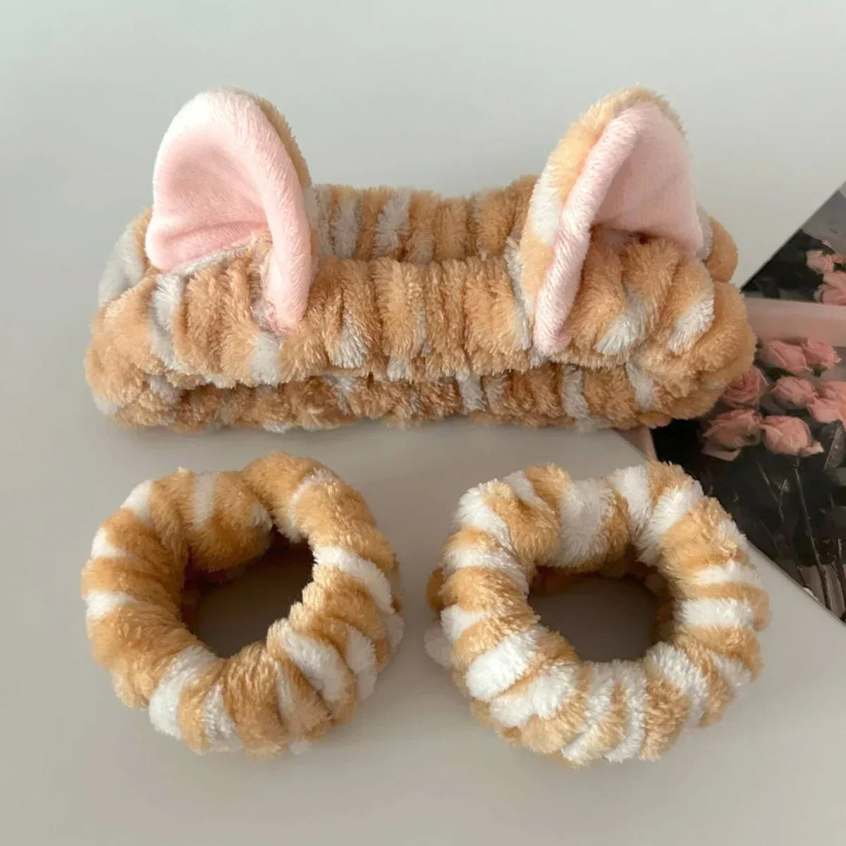 3-Piece Plush Animal-Ear Spa Headband & Wristband Set