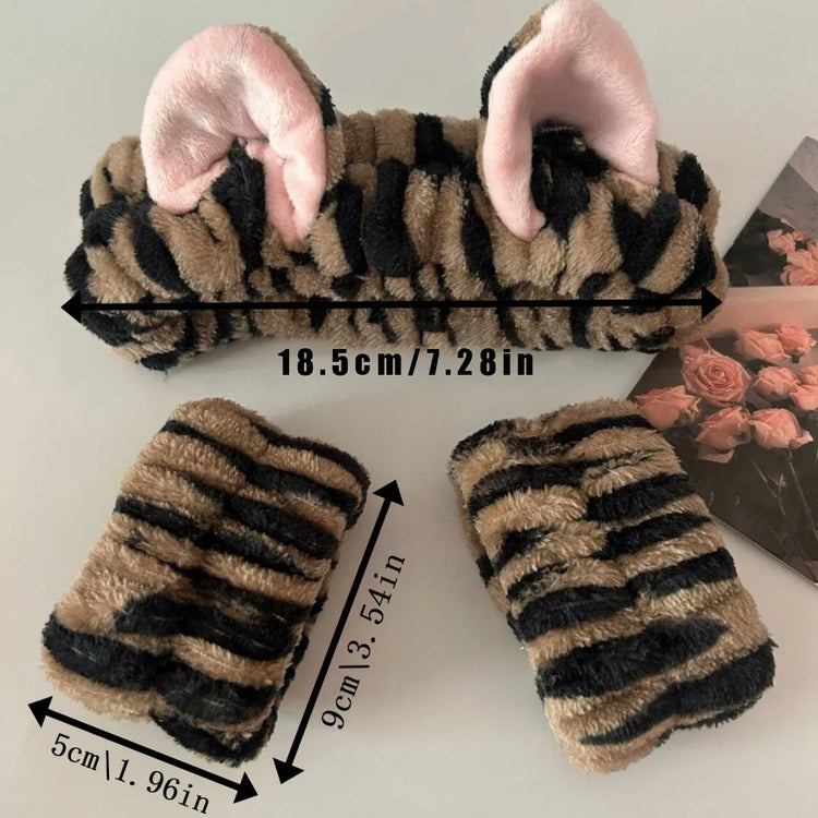 3-Piece Plush Animal-Ear Spa Headband & Wristband Set