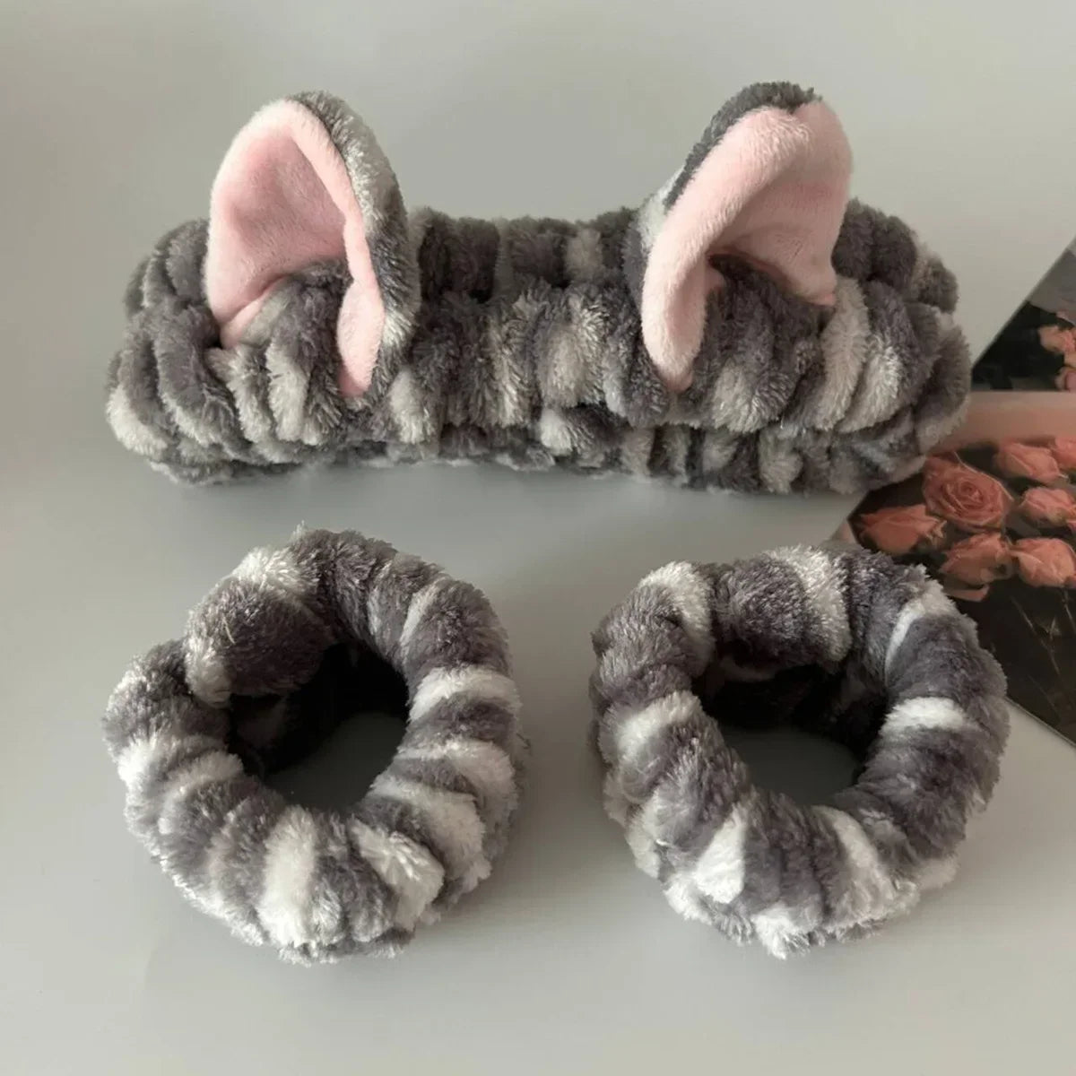 3-Piece Plush Animal-Ear Spa Headband & Wristband Set