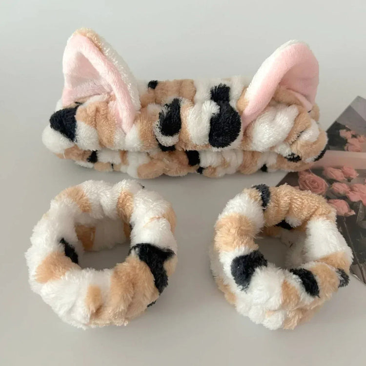 3-Piece Plush Animal-Ear Spa Headband & Wristband Set