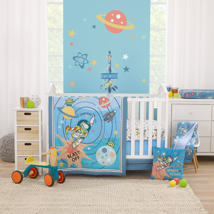 Toy Story Buzz Lightyear Blue, Orange, and Yellow Countdown to Blast-Off 3 Piece Nursery Crib Bedding Set - Comforter, 100% Cotton Fitted Crib Sheet and Crib Skirt