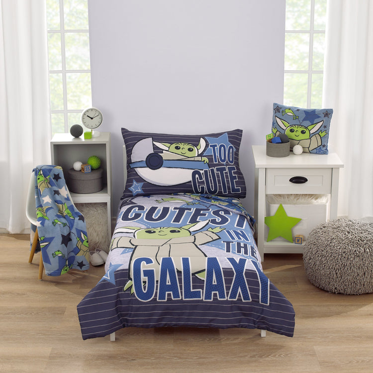The Child Cutest in the Galaxy Blue, Green and Gray, "Too Cute" Grogu, Stars, Hover Pod, and Sorgan Frog 4 Piece Toddler Bed Set - Comforter, Fitted Bottom Sheet, Flat Top Sheet, and Reversible Pillowcase