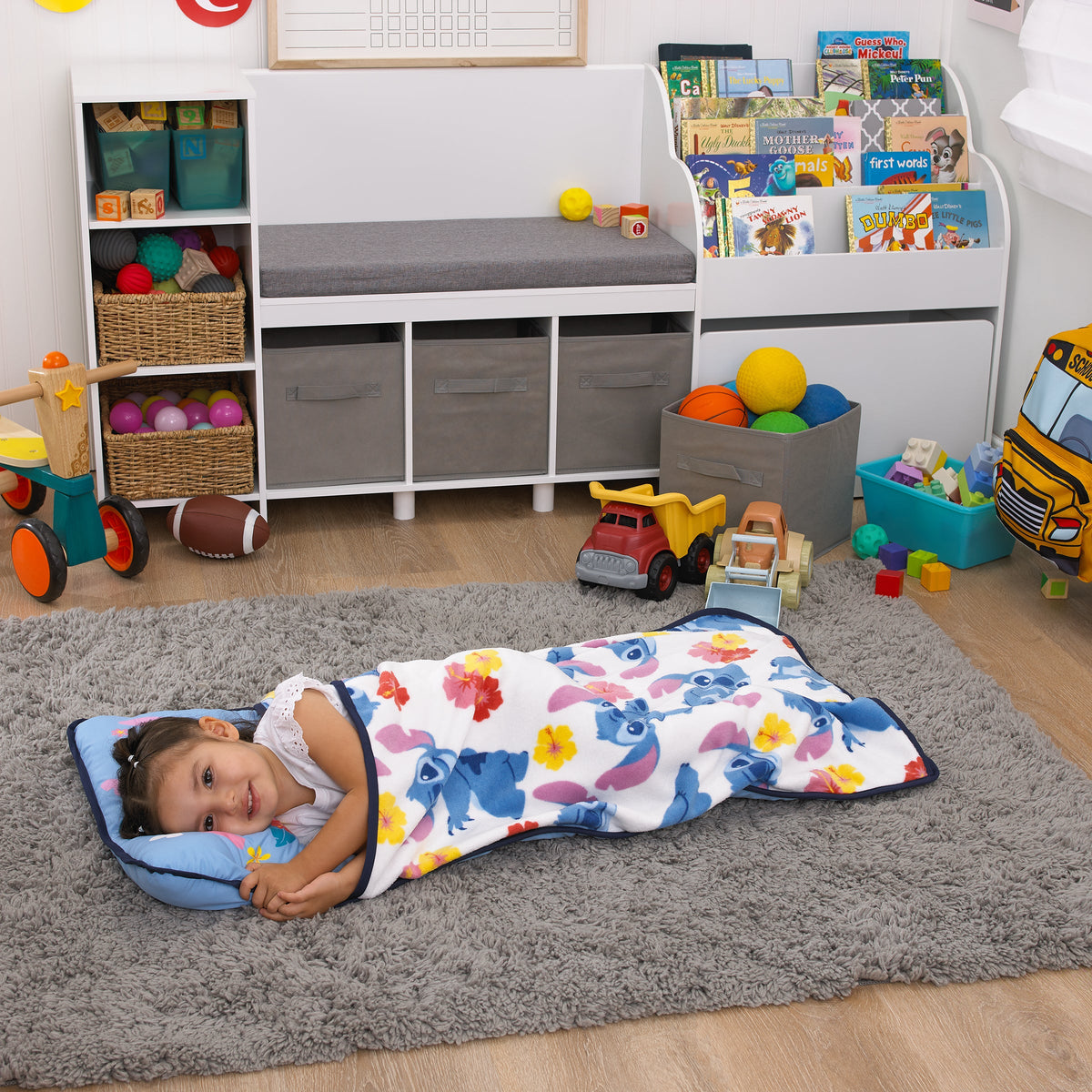 NoJo Disney "S" is for Stitch Toddler Nap Mat, Blue, Pink, Yellow, and White