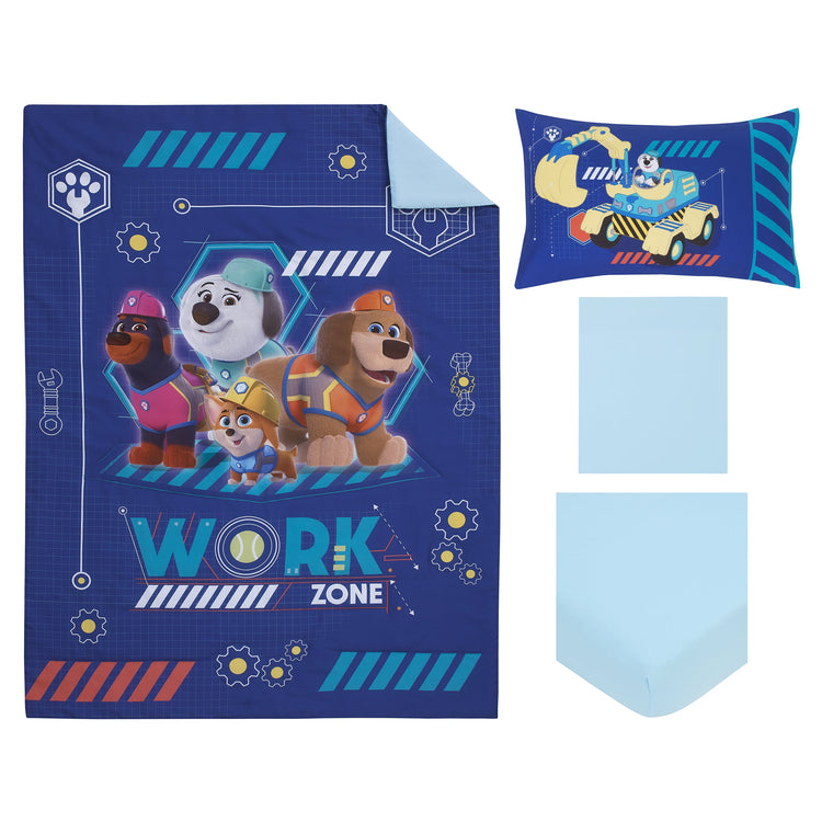 Pupstruction Work Zone Navy, Orange, Aqua, and Yellow 4 Piece Toddler Bed Set - Comforter, Fitted Bottom Sheet, Flat Top Sheet, and Reversible Pillowcase