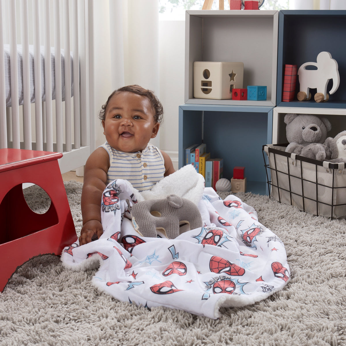 NoJo Marvel Spider-Man Super Hero Plush Sherpa Baby Blanket, Red, Gray, White