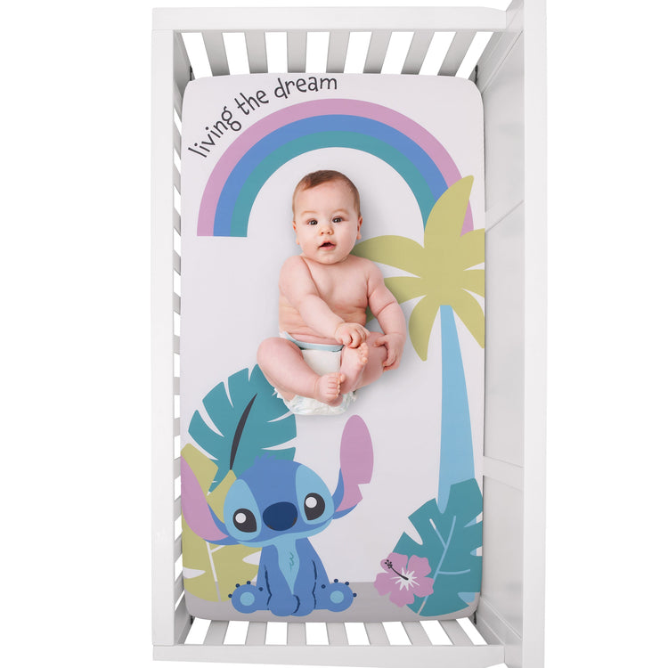 Disney Stitch Blue, Teal, Lime, Lavender, and White Living the Dream Photo Op Fitted Crib Sheet