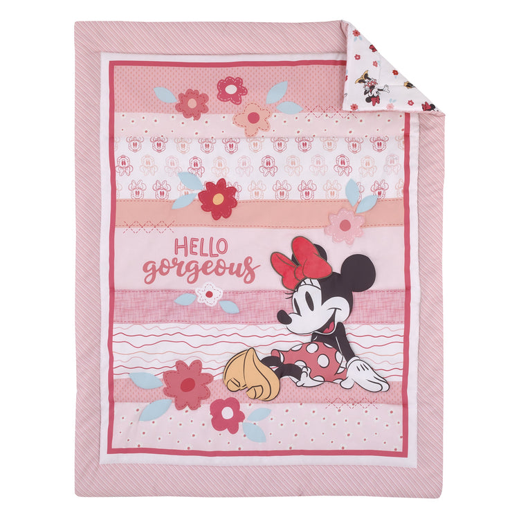 Minnie Mouse Hello Gorgeous Pink and White Floral 3 Piece Nursery Crib Bedding Set - Comforter, Fitted Crib Sheet, and Printed Blanket