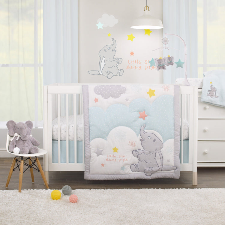 NoJo Disney Dumbo Shine Bright Lil Star Gray and White Stars Nursery Fitted Crib Sheet
