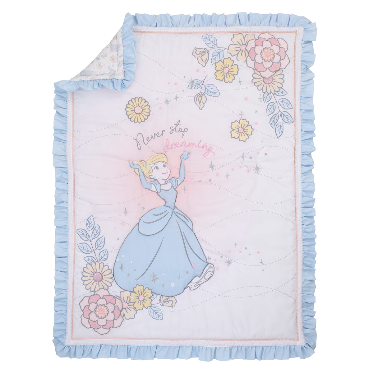 Disney Sweet Princess Light Blue, Pink, and White Cinderella 3 Piece Nursery Crib Bedding Set - Comforter, 100% Cotton Fitted Crib Sheet and Crib Skirt